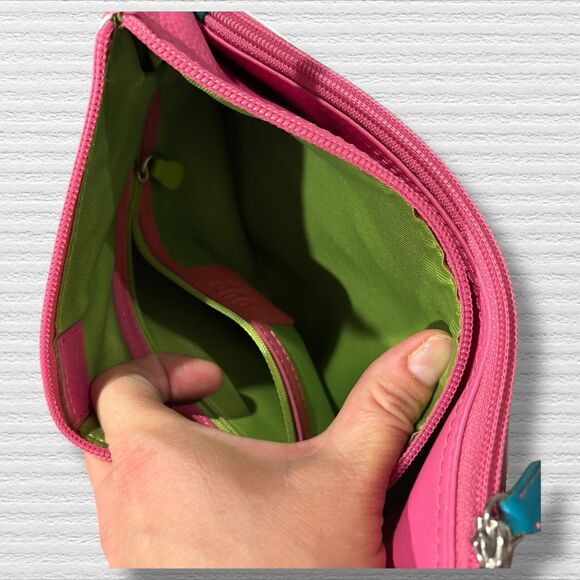 RFID Leather Crossbody Bag Retro Neon Stripe White Pink Green Adjustable Strap - Picture 8 of 13